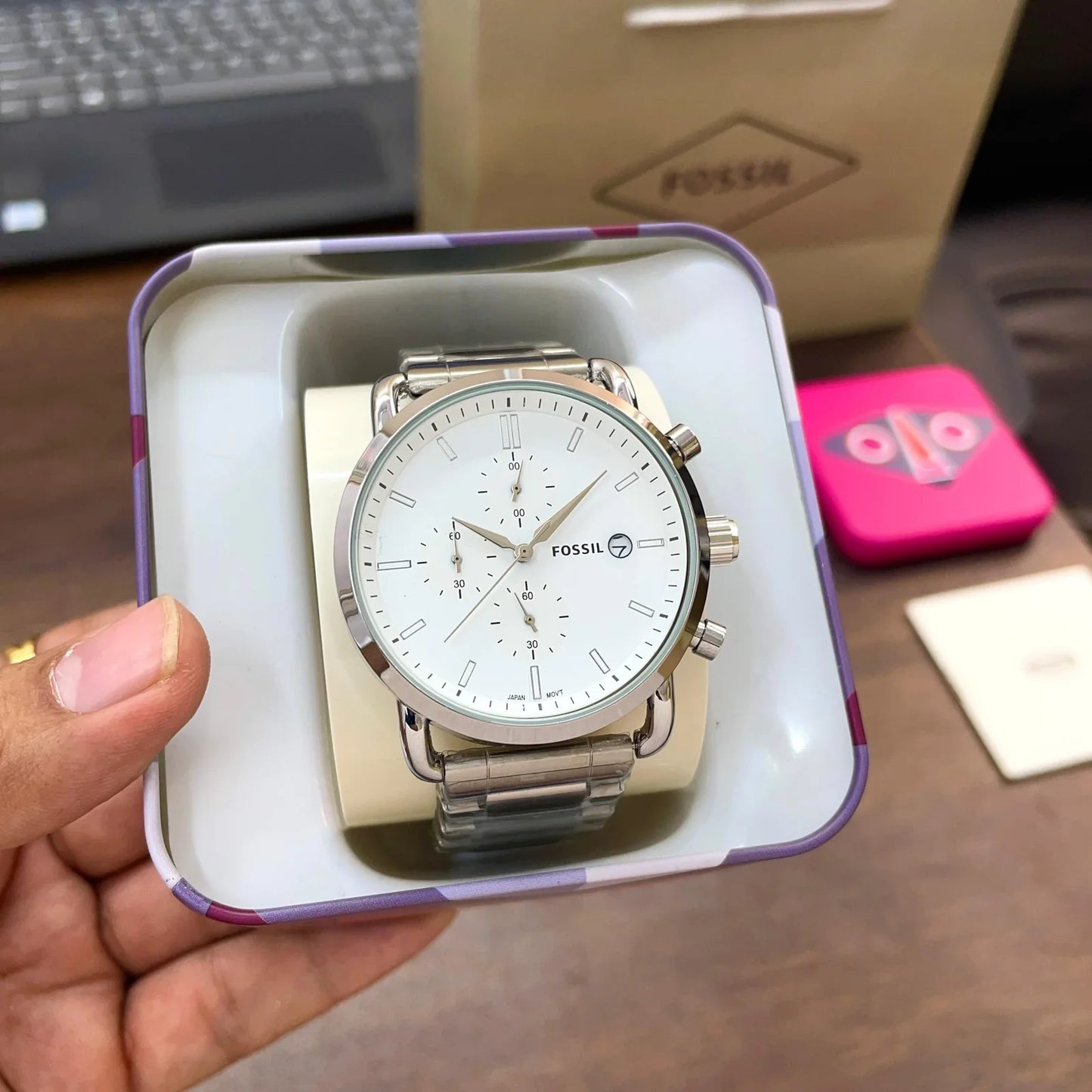 Fossil Commuter Chronograph White Dial Silver Chain Watch