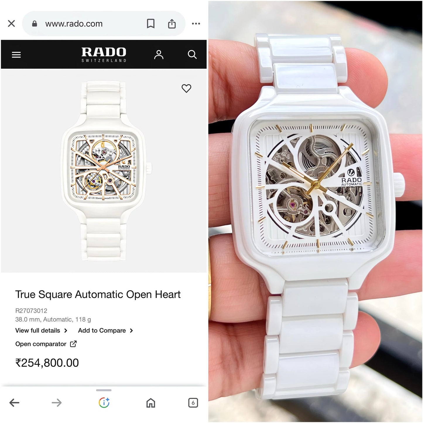 Rado True Square Automatic Open Heart Ceramic Watch
