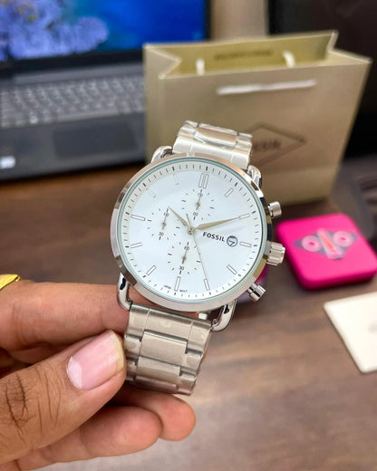 Fossil Commuter Chronograph White Dial Silver Chain Watch
